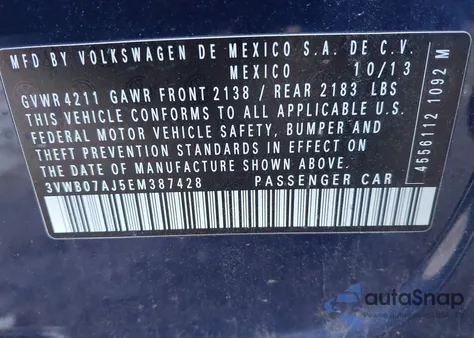 2014 Volkswagen Jetta 1.8T Se z USA, uszkodzony, nr VIN 3VWB07AJ5EM387428